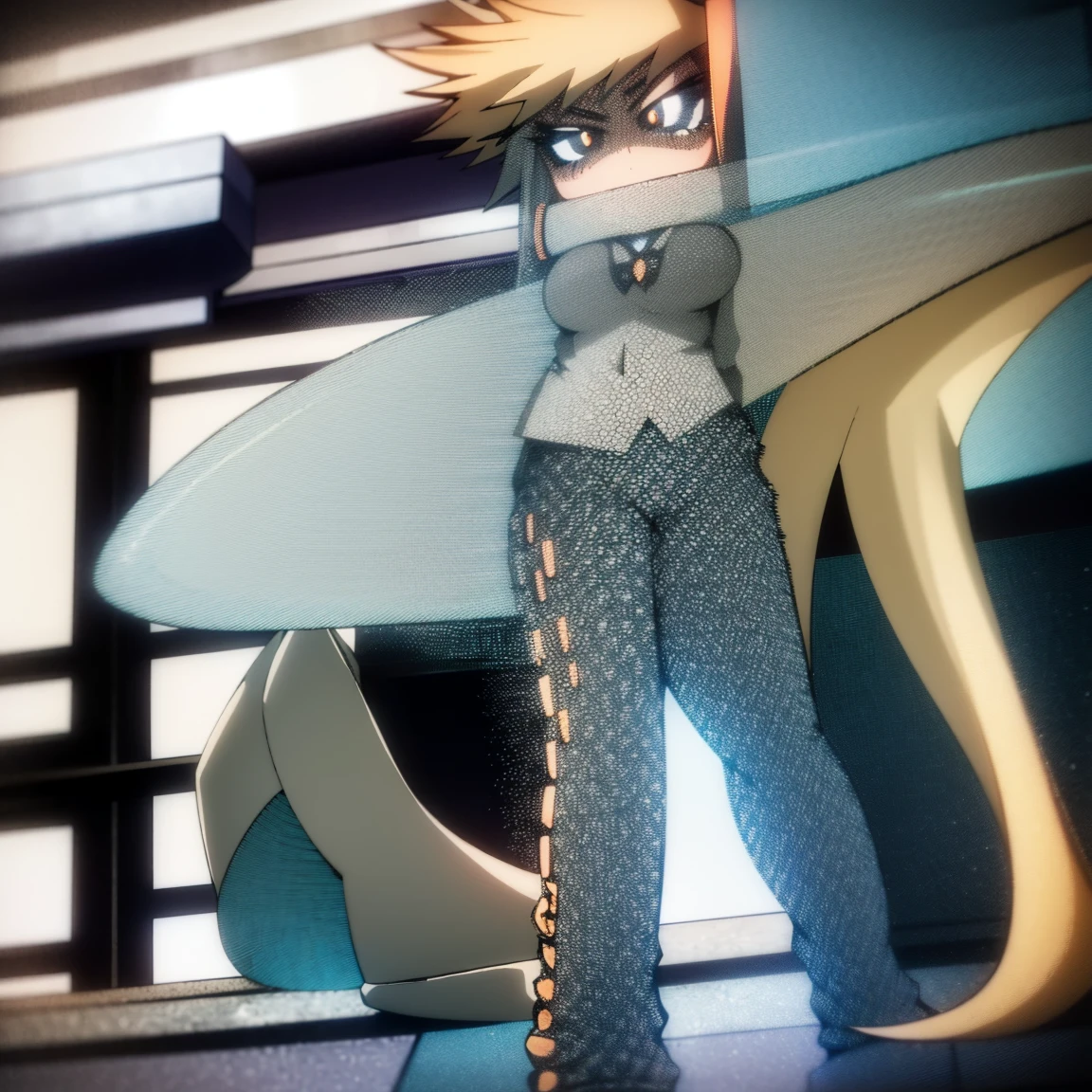 1girl, female focus, solo, big breasts, long hair, spiky hair, blonde hair, blue eyes, gray jacket, red tie, white shirt, teal skirt, gray tights, boots, beautiful