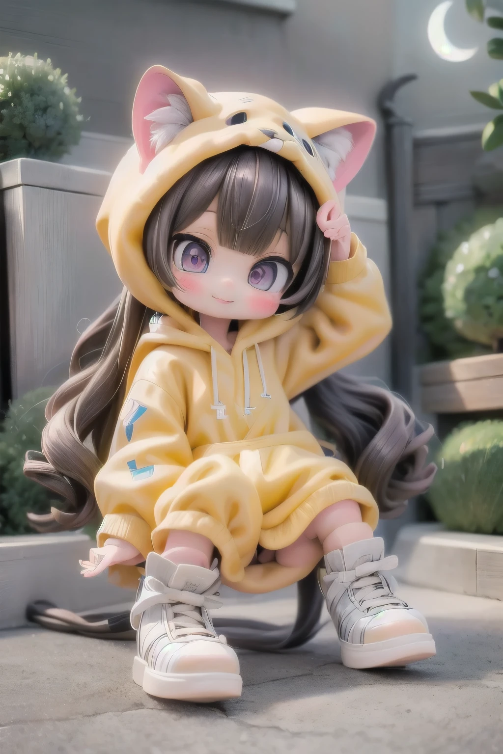 cute chibi girl smiling wearing a (cheetah kigurumi), cheetah girl, pumps, (playful pose), location garden at night, garden outdoors, starry sky, moon, angle from below