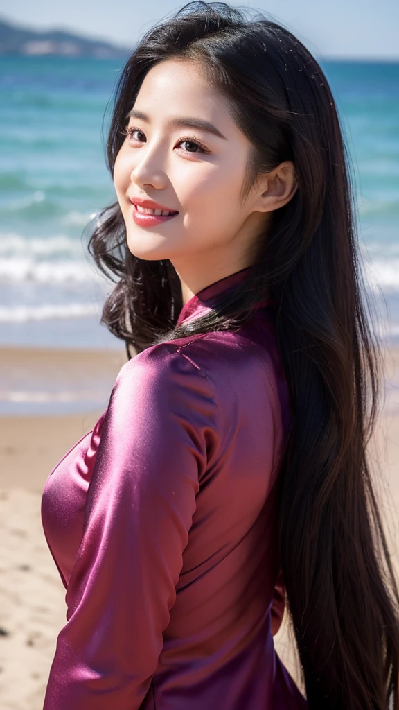 detailed body, attractive body, perfect human body, realistic face,
(ultimate quality, masterpiece, highres:1.0), realistic:1.6, photorealistic,
[8k UHD photos, UHD high quality photos, Super detailed and super clear images],
Close-up of a Vietnamese girl with a beautiful face and balanced body, leggy, round face, big round eyes, Charming smile, Red lips, long curly eyelashes, big dimples, pointed chin, plump face, Her face resembles Liu Yifei, Tall and plump figure,
wearing a bright and black shiny satin silk ao dai, standing beside the beach, pose sexy,
Satin silk ao dai,
