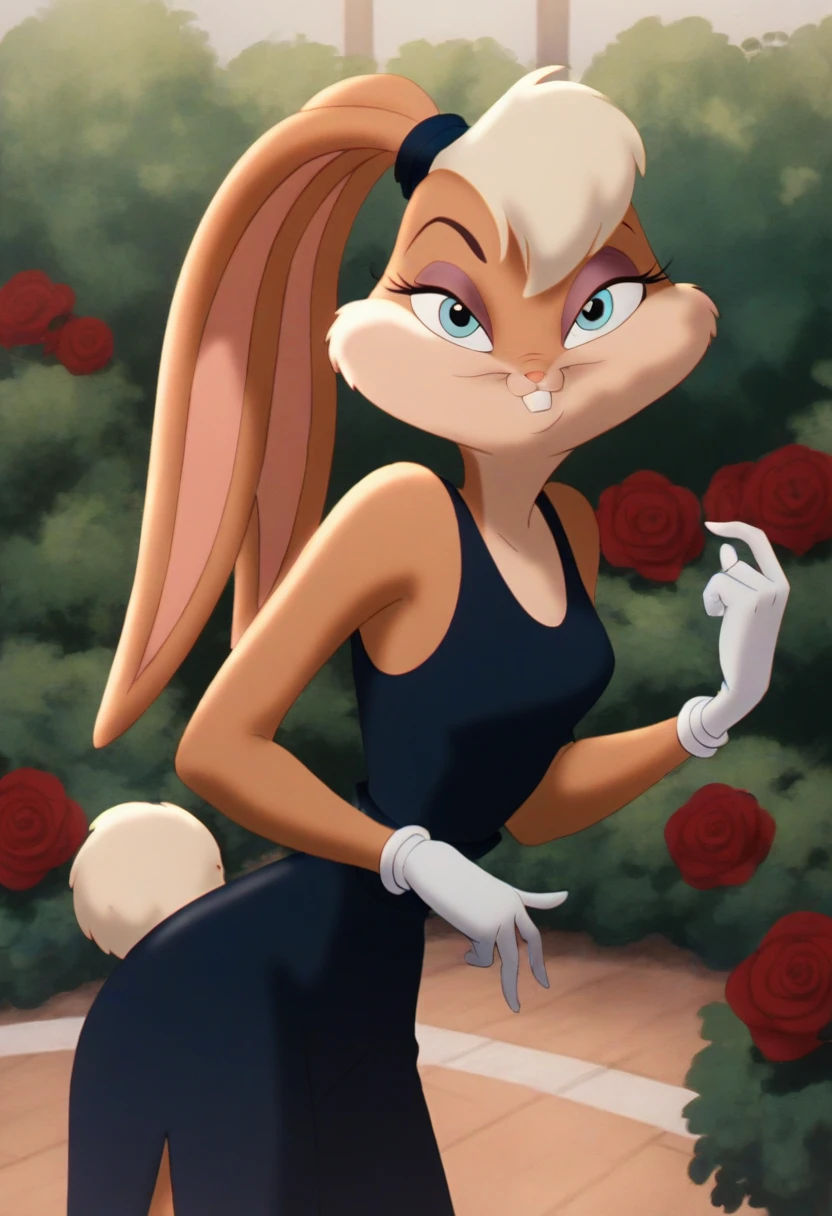 lolabunny, 1girl, solo, furry female, rabbit ears, rabbit girl, animal nose,white gloves, blue eyes, body fur, standing, tail, buck teeth,cowboy shot,smile,looking at viewer, rose garden, score_9, score_8_up, score_7_up, score_6_up, score_5_up, score_4_up , sexy black gown