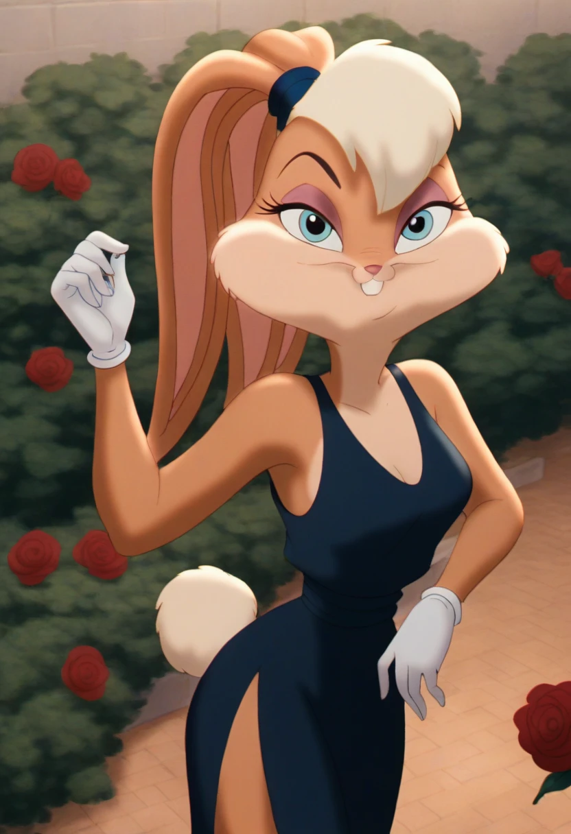 lolabunny, 1girl, solo, furry female, rabbit ears, rabbit girl, animal nose,white gloves, blue eyes, body fur, standing, tail, buck teeth,cowboy shot,smile,looking at viewer, rose garden, score_9, score_8_up, score_7_up, score_6_up, score_5_up, score_4_up , sexy black gown