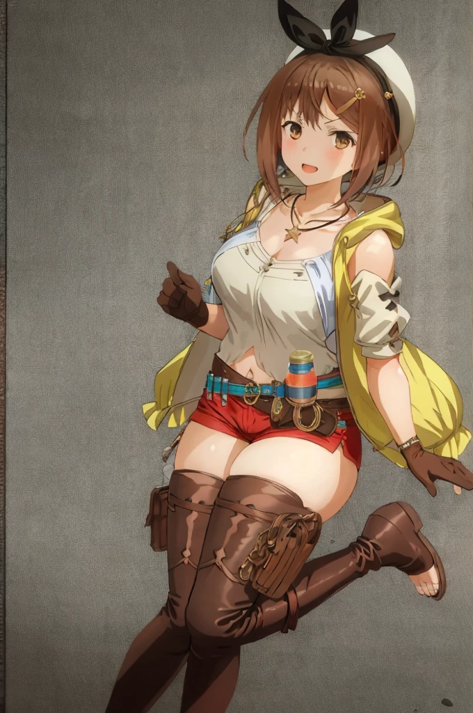 Liza, 1girl in, solo, Shorts, gloves, Belt bag, hat, Head Ribbon, Jewelry, Brown hair, thighs thighs thighs thighs, Short shorts, bridal legwear, Necklace, Brown eyes, single glove, hair ornament, hair clips, Star Necklace, toeless footwear, Leather, Star (symbol), White cap, Brown gloves, long boots, Short hair, thighs thighs thighs thighs, Leather Belt, brown belt, Leather gloves, Jacket, Blue belt, Navel, Thigh boots, sleeveless jacket, Thigh Pouch, white thighhig, , Large breasts,ad legs:1.4ir, Sitting