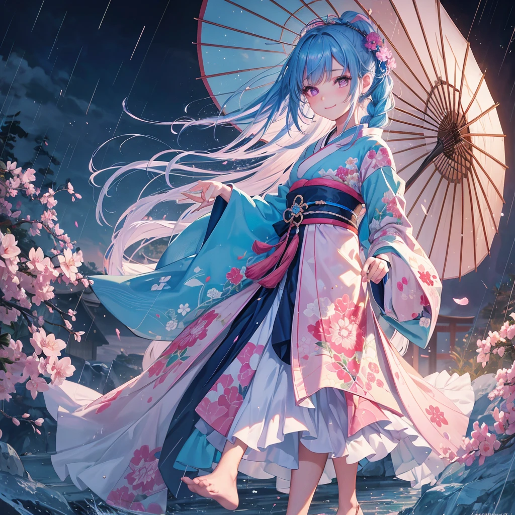 sky Blue hair, (braided ponytail),(pink eyes),fair skin ,(full body),(1 girl),smile,Straight Bangs,(masterpiece, best quality, ultra-detailed, best shadow), (detailed background), (beautiful detailed face), high contrast, (best illumination, an extremely delicate and beautiful), ((cinematic light)), colorful, hyper detail, dramatic light, intricate details,rain shower,kyoto,Japanese Umbrella,kimono,