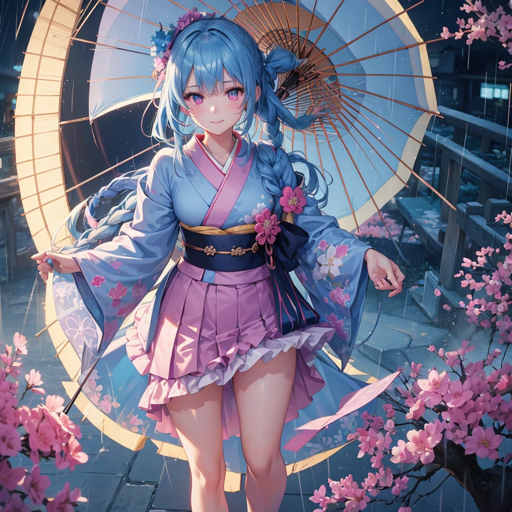 sky Blue hair, (braided ponytail),(pink eyes),fair skin ,(full body),(1 girl),smile,Straight Bangs,(masterpiece, best quality, ultra-detailed, best shadow), (detailed background), (beautiful detailed face), high contrast, (best illumination, an extremely delicate and beautiful), ((cinematic light)), colorful, hyper detail, dramatic light, intricate details,rain shower,kyoto,Japanese Umbrella,kimono,