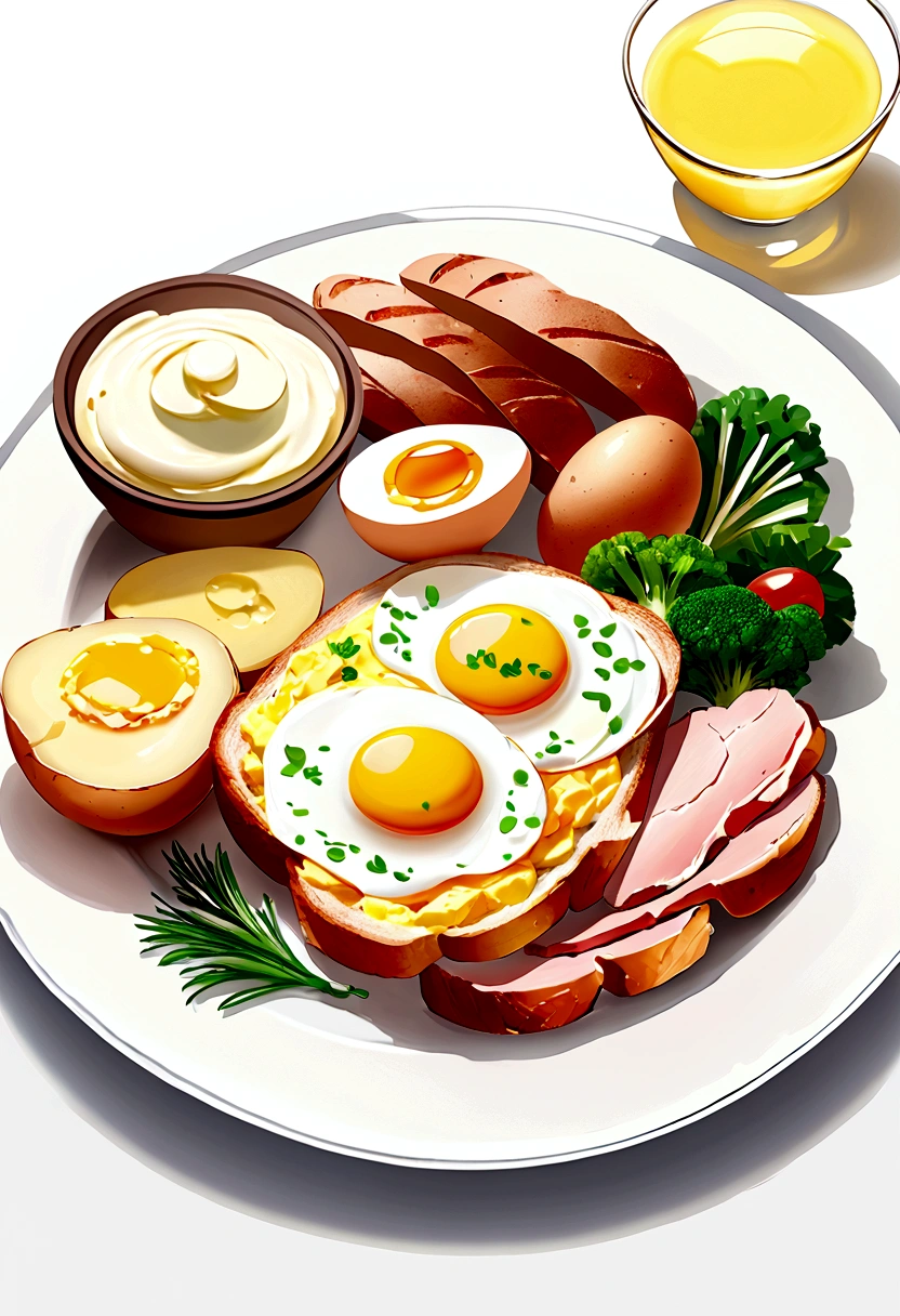 ((best quality)), ((masterpiece)), (detailed), water color style, create a picture of healthy food on a plate. The food consist of, Eggs, bread, potatoes, glass of milk, meat, chicken meat, some vegetables, against brilliant white background, 8k, high resolution,