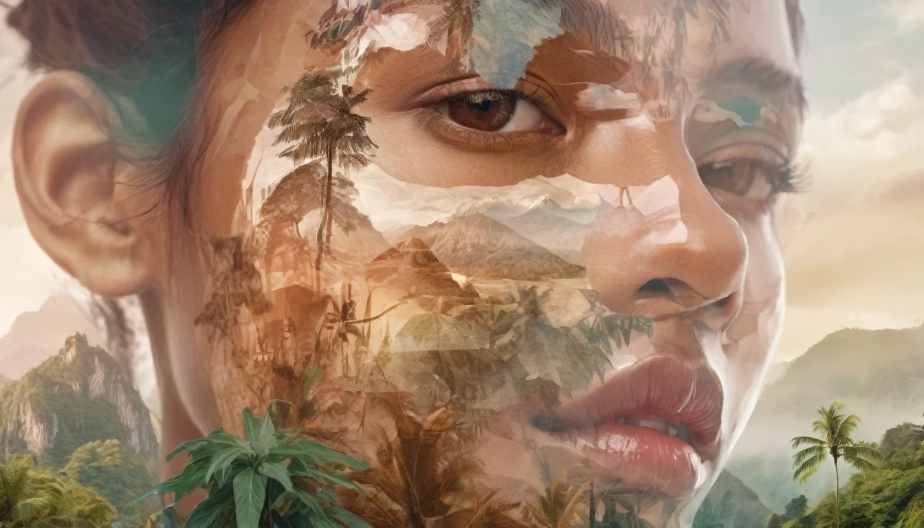 Dubrec style，Brown skin woman transparent face close-up，Jungle mountains image foreground，（multiple exposure：1.8），Complex illustrations in surrealist art style，Surreal dreams