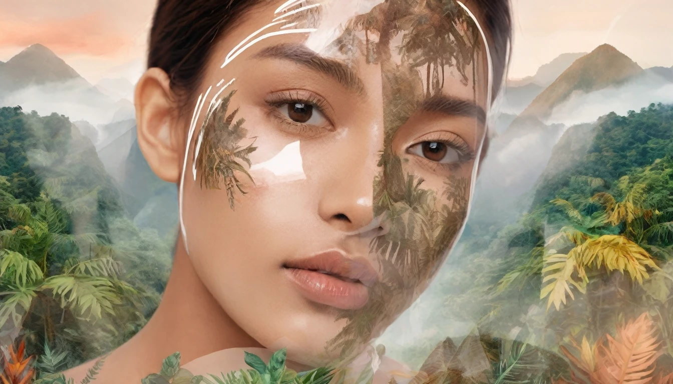 Dubrec style,Brown skin woman transparent face close-up,Jungle mountains image foreground,(multiple exposure:1.8),Complex illustrations in surrealist art style,Surreal dreams