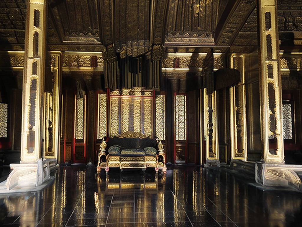 A gorgeous Chinese - style high - rise villa stands in the valley, luxurious majestic gold antique palace, Interior, hall