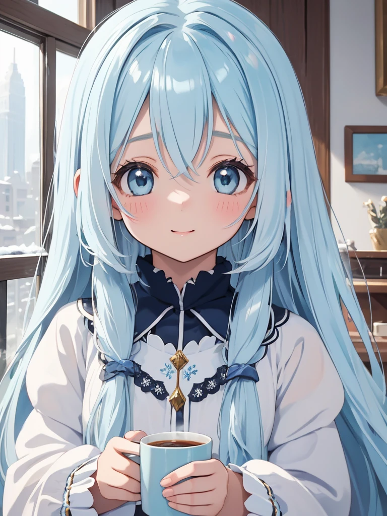 masterpiece, best quality, extremely detailed, (illustration, official art:1.1),adorable loli face、 1 girl ,(((( light blue long hair)))),pale blue hair,loli, long hair ((blush)) , cute face, big eyes, masterpiece, best quality,(((((a very delicate and beautiful girl))))),Amazing,beautiful detailed eyes,blunt bangs((((little delicate girl)))),tareme(true beautiful:1.2), sense of depth,dynamic angle,,,, affectionate smile, (true beautiful:1.2),,(tiny 1girl model:1.2),)flat chest、1girl, , indoors, :3 mount, embarrassed, beautiful eyes, beautiful lips, shiny lips, extremely detailed eyes and face, long eyelashes, close-up, warm lighting, vibrant colors, looking at the viewer, embarrassed look, blush, winter clothes, having a hot drink, in a snowy place outdoors
