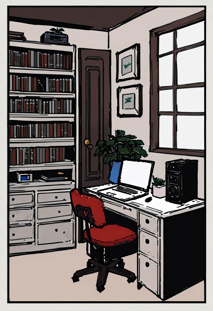 (Thick painting style), ((masterpiece,)),(((Highest quality))),(sketch),((background only)),((room)), mac-book,vase, desk,Bookshelf,vase,machine,Chair