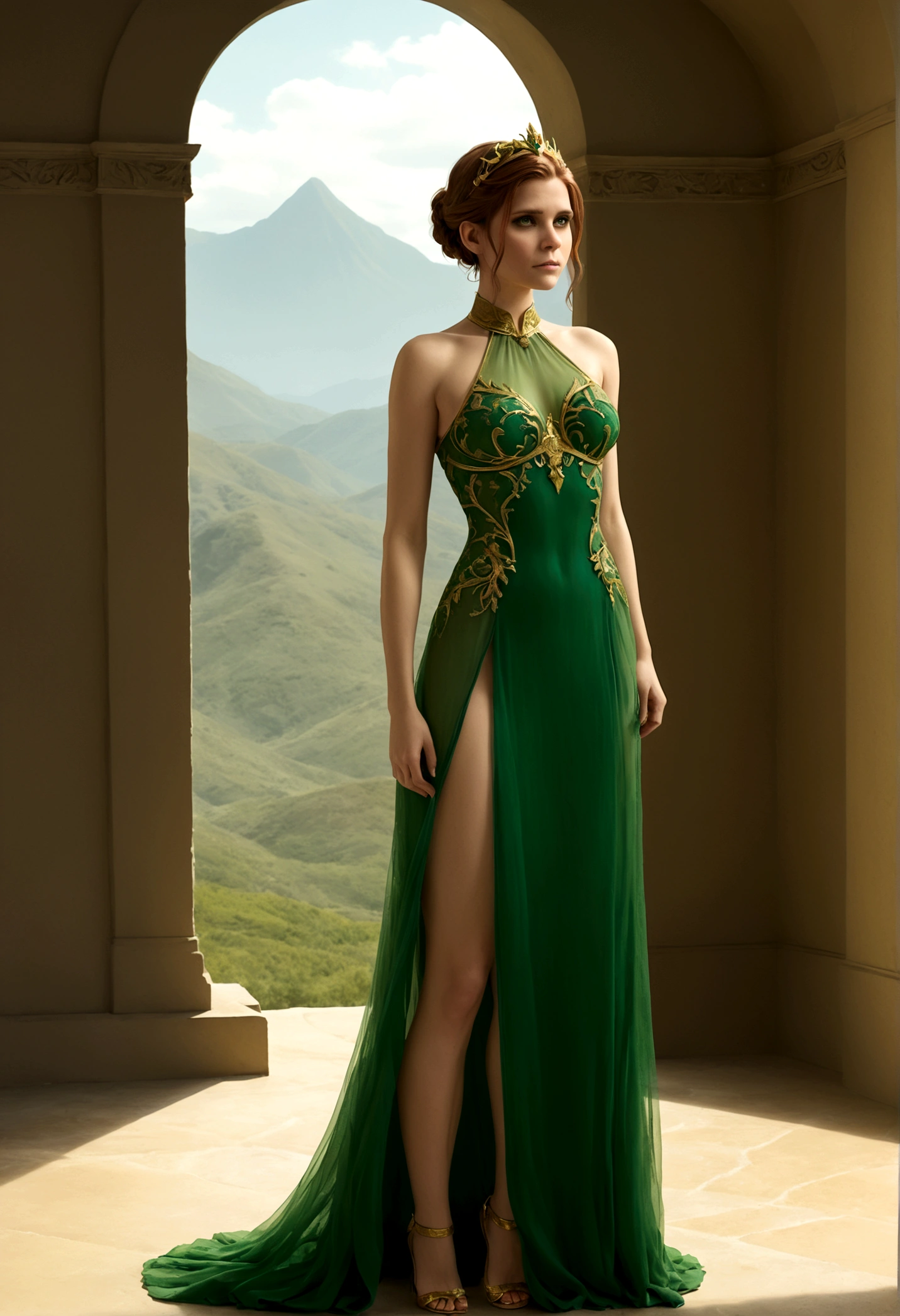 The Damsel in Distress (Kate Mara 25, sheer green dress gold trim, nude underneath) Damsel is flattering the dragon in its lair. Damsel is scratching Dragon's head to calm it