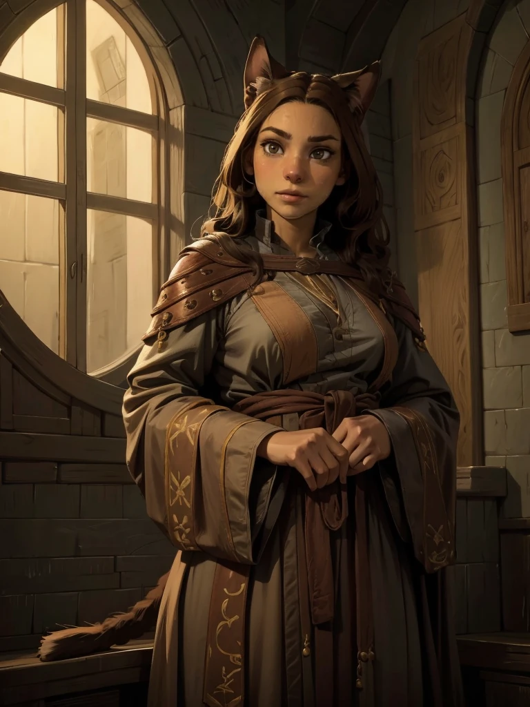 Hermione Granger cat, (brown-haired woman, hairlong, hair covering the ears), Khajiit-Female