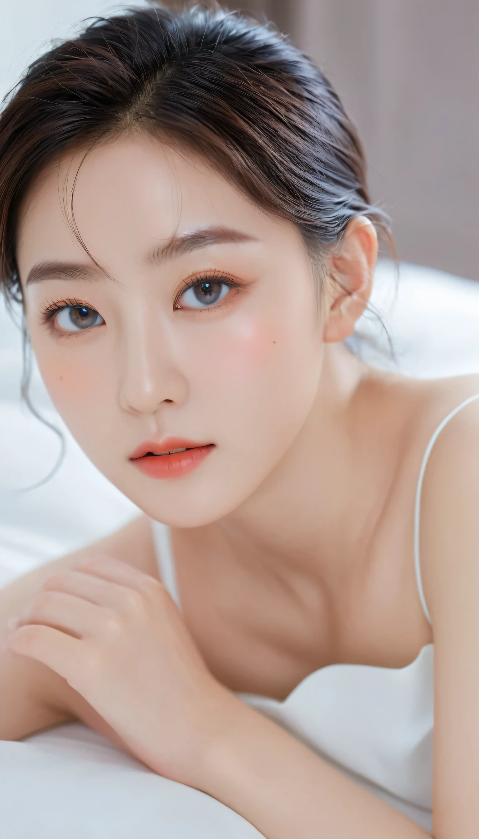 16k ultra-fine CG wallpaper, masterpiece, Excellent image quality, Super Exquisite), (Excellent lighting, Exquisite), Really smooth skin, Bright face, 18K close-up perfect display, Change, Lovely, Girl wearing Exquisite sleeveless shirt and long skirt, Lying on the big white bed, Colorful jewel-like eyes.