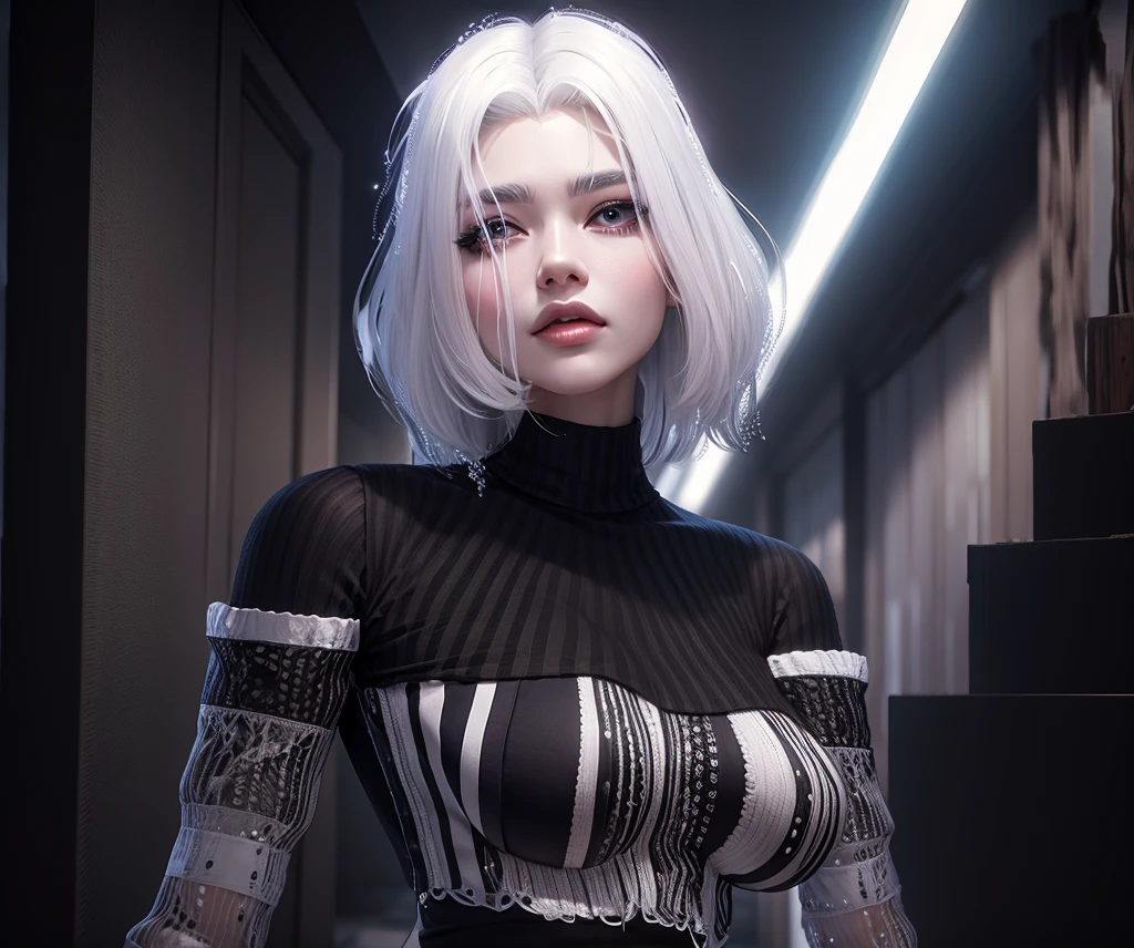 AVATAR SECOND LIFE korean girl colorfull jacket , asiática White hair, White hair, White hair, Perfect and detailed face, imvu, maximalist details, AVATAR SECOND LIFE Korean blouse and pants , neon, White hair