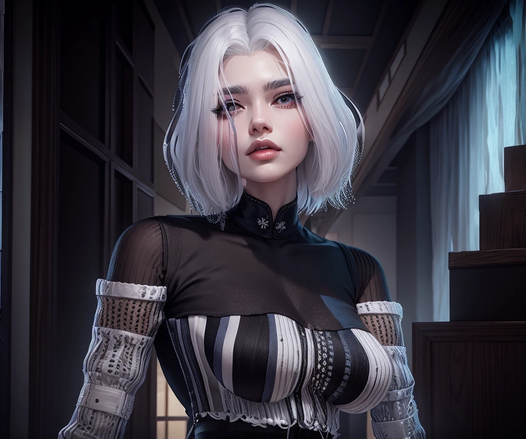 AVATAR SECOND LIFE korean girl colorfull jacket , asiática White hair, White hair, White hair, Perfect and detailed face, imvu, maximalist details, AVATAR SECOND LIFE Korean blouse and pants , neon, White hair