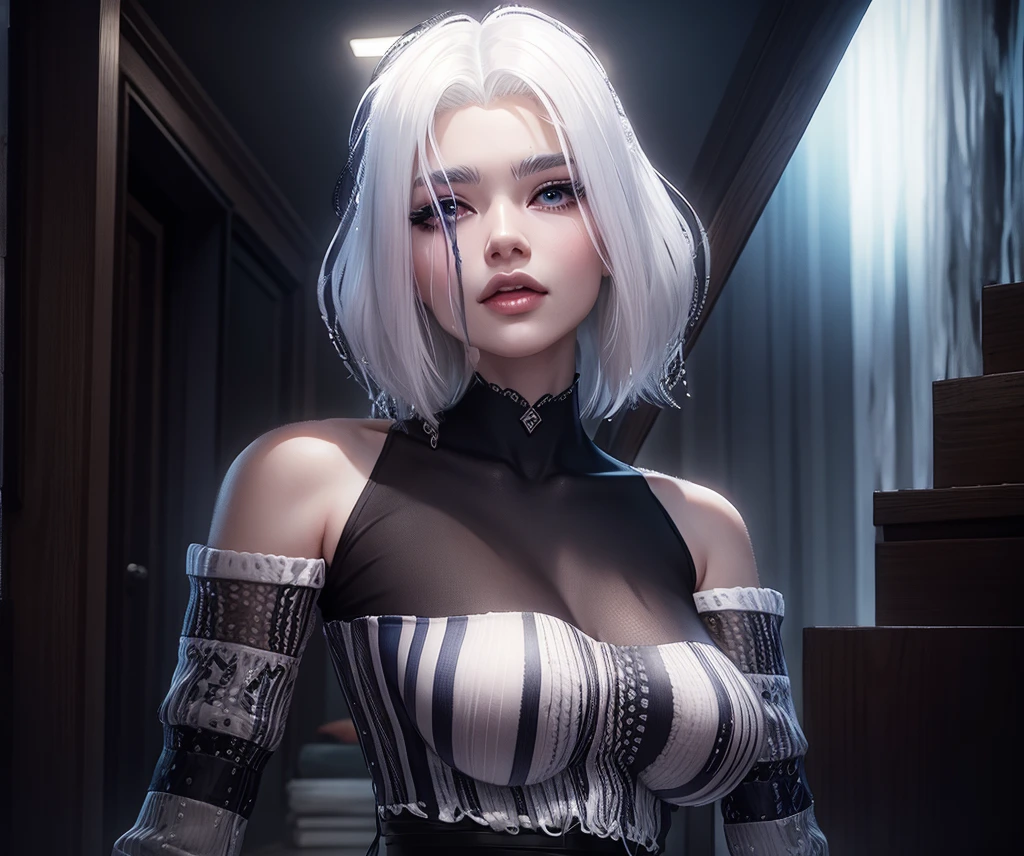 AVATAR SECOND LIFE korean girl colorfull jacket , asiática White hair, White hair, White hair, Perfect and detailed face, imvu, maximalist details, AVATAR SECOND LIFE Korean blouse and pants , neon, White hair