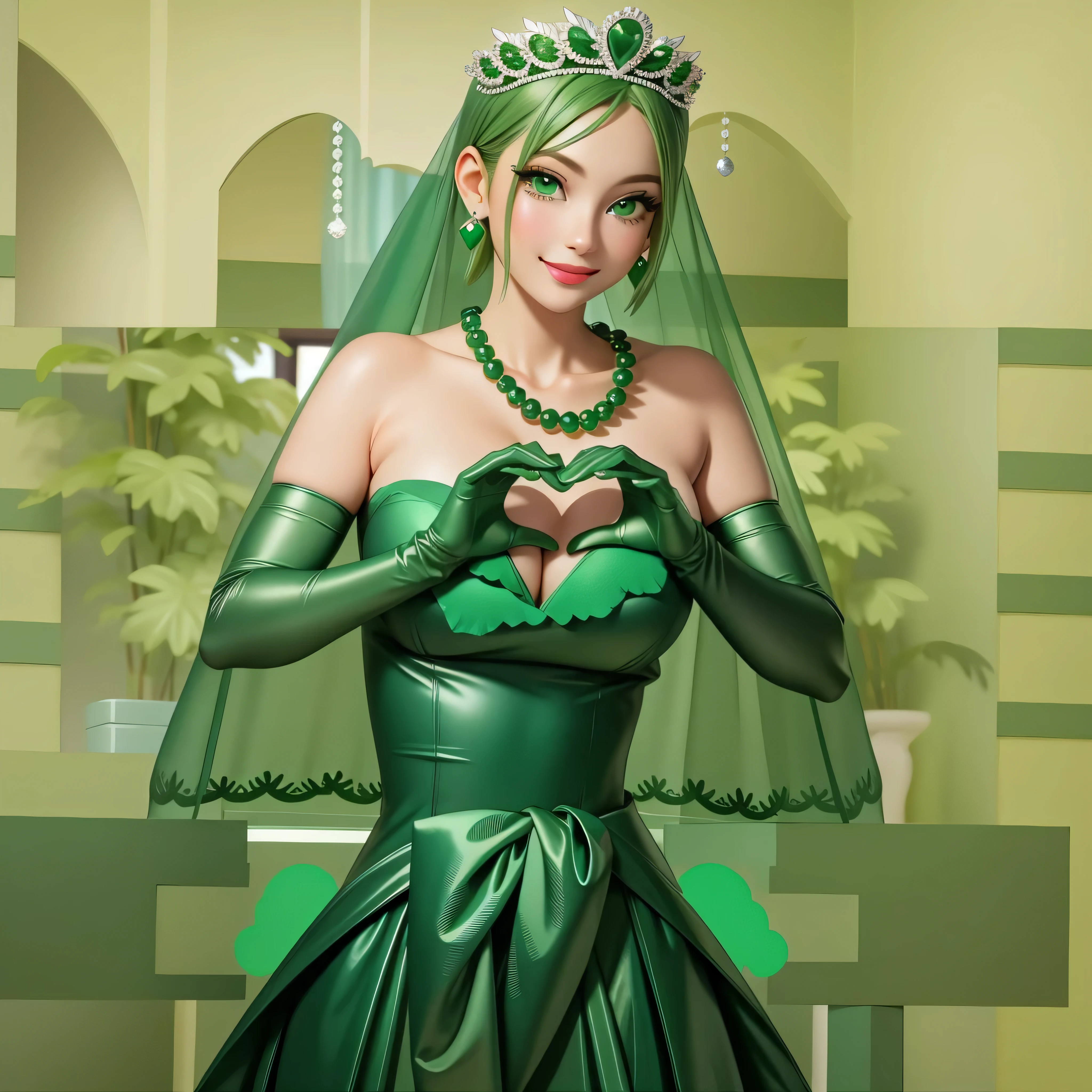 emerald tiara, Green Pearl Necklace, Boyish very short green hair, Green Lips, Smiling Japanese woman, Very short hair, Busty beautiful lady, Green Eyes, Green satin long gloves, Green Eyes, Emerald Earrings, Green veil, Heart with both hands, Green Hair, Beautiful Japanese Women, Heart shaped hands:1.3, green lip gloss