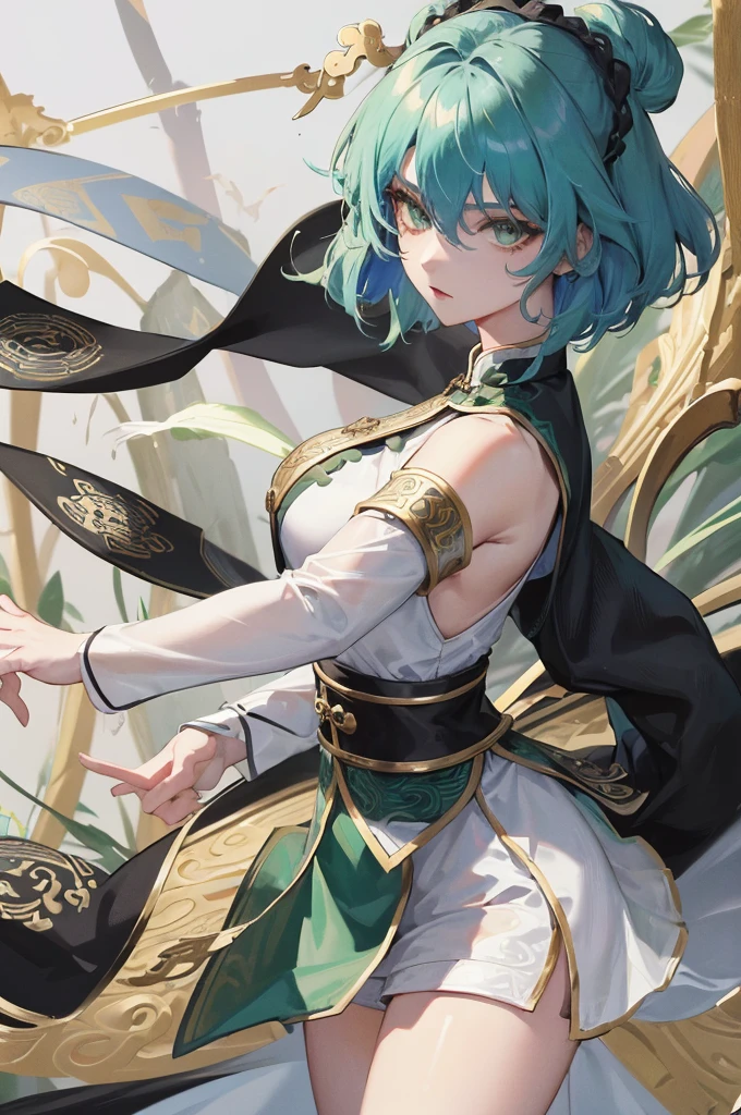 Masterpiece, Best quality, an Adult female, strong, green eyes, short hair, sapphire color hair, resolute eyes, white Taoist Taoist uniform, black accessories, sarashi, one shoulderancient, Chinese mix morden, wear sunglasses, blank background, remove background