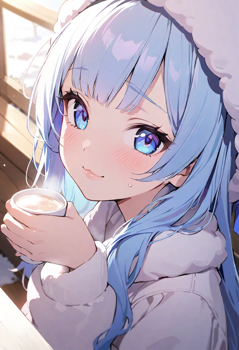 masterpiece, best quality, extremely detailed, (illustration, official art:1.1),adorable loli face、 1 girl ,(((( light blue long hair)))),pale blue hair,loli, long hair ((blush)) , cute face, big eyes, masterpiece, best quality,(((((a very delicate and beautiful girl))))),Amazing,beautiful detailed eyes,blunt bangs((((little delicate girl)))),tareme(true beautiful:1.2), sense of depth,dynamic angle,,,, affectionate smile, (true beautiful:1.2),,(tiny 1girl model:1.2),)flat chest、1girl, , indoors, :3 mount, embarrassed, beautiful eyes, beautiful lips, shiny lips, extremely detailed eyes and face, long eyelashes, close-up, warm lighting, vibrant colors, looking at the viewer, embarrassed look, blush, winter clothes, having a hot drink, in a snowy place outdoors
