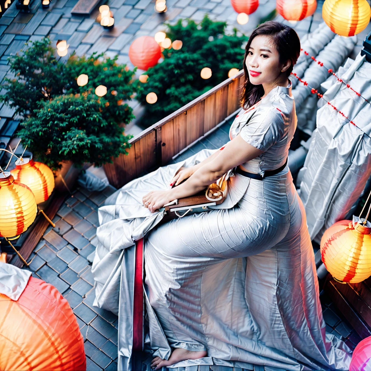 Burmese beautiful woman, 1 girl, solo, (pretty lady MoonLay:1.2), innocent cute smile, red lips, (stylishly sitting on a Windsor chair:1.5), (seductively gazing to the sky pose:1.5), smooth face skin, traditional beauty, cinematic portrait glow lighting, traditional dress, (white shirt:1.3), (red skirt:1.3), high heel, (full body view:2), (rooftop balcony with vibrant colorful hanging lanterns background:1.5), (cinematic bokeh blur background:1.5), cinematic lighting, perfect anatomy,