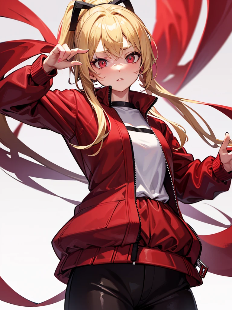 A blonde high ponytail girl wearing a red windbreaker,Wearing black clothes and fluffy pants,Red pupil,whole body,White background