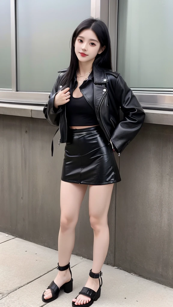 Japanese girl wearing a black leather jacket, black short skirt, wearing sandals, has six pack abs, long black hair, 8k style