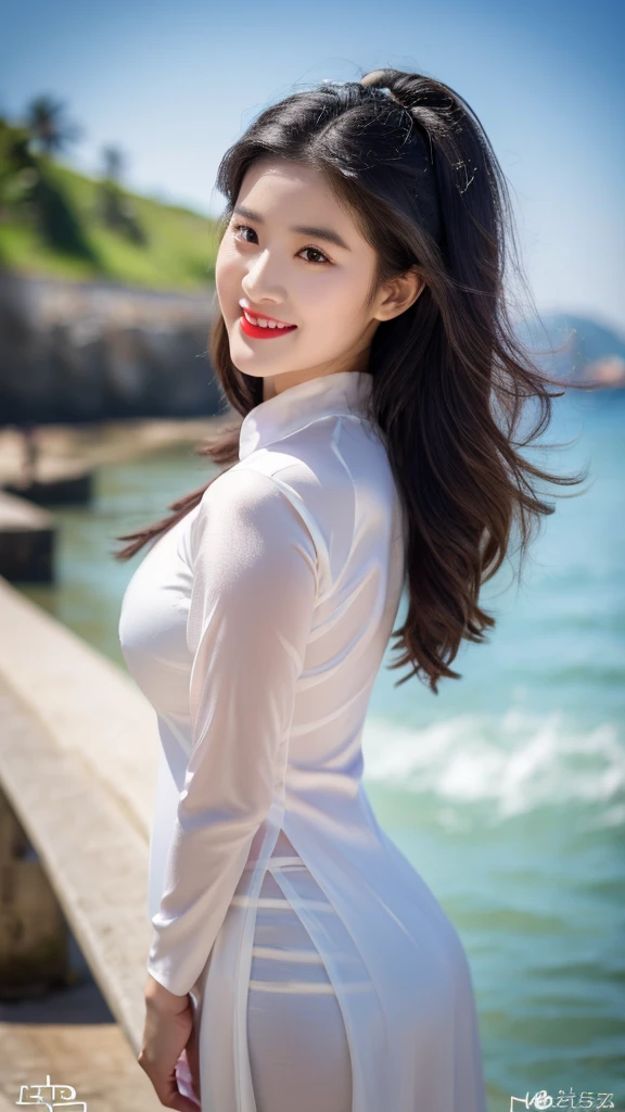 detailed body, attractive body, perfect human body, realistic face,
(ultimate quality, masterpiece, highres:1.0), realistic:1.6, photorealistic,
[8k UHD photos, UHD high quality photos, Super detailed and super clear images],
Close-up of a Vietnamese girl with a beautiful face and balanced body, leggy, round face, big round eyes, Charming smile, Red lips, long curly eyelashes, big dimples, pointed chin, plump face, Her face resembles Liu Yifei, Tall and plump figure,
wearing a bright and black shiny satin silk ao dai, standing beside the beach, pose sexy,
Satin silk ao dai,