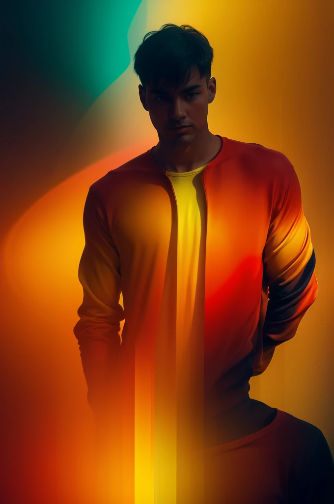 abstract, motion blur, warm color palette, male figure, red yellow dominant colors, surreal effect, multiple exposures, ghosting image, contemporary portrait, overlapping visual elements, gradient, soft focus,
