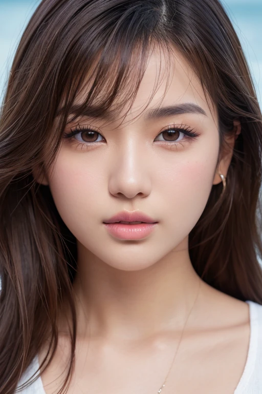 (masterpiece, Highest quality, Super detailed, masterpiece, super high quality、Crystal Clear、RAW UHD Format)、High resolutionの光る目、Highest quality, Realistic skin texture, photograph shoot, Detailed facial features, Film Grain and High Contrast, 非常にHigh resolutionの詳細, photograph, Realistic, Surreal, High resolution, masterpiece、 (300mm lens, f/1.4),(a Japanese woman, 18 years old), well rounded, (plump lips:1.8, plump chin:2.1, plump cheeks:1.86, cute nose:1.7), flat chest, Beautiful, perfect and detailed face, Wearing an open shirt, At the Beach, Fine eyes and lips, Long eyelashes, Realistic, Very detailed, 8K, masterpiece