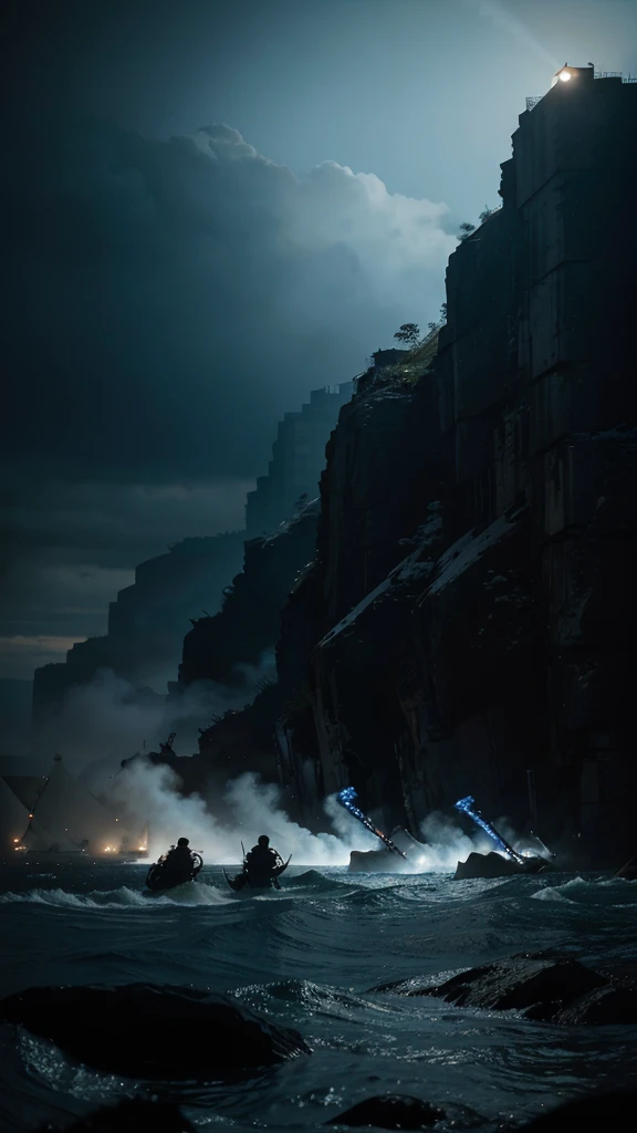 Captain Clarke's with his unit of 20men at the fierce war front, 4k realistic imagery, blue scenery like a movie scene, old american setting, inspired by blade runner movie scene, blue tone,