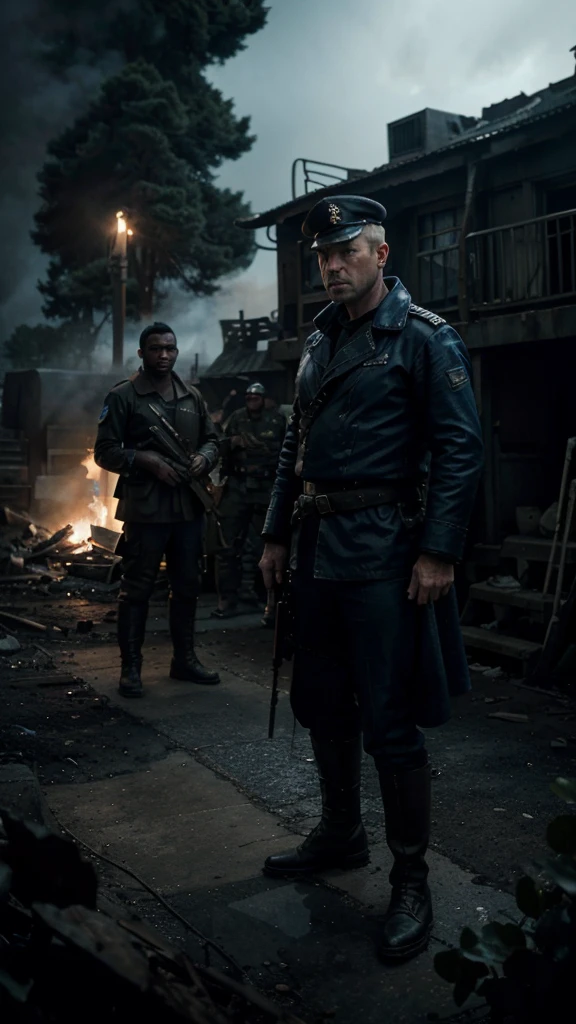 Captain Clarke's with his unit of 20men at the fierce war front, 4k realistic imagery, blue scenery like a movie scene, old american setting, inspired by blade runner movie scene, blue tone,
