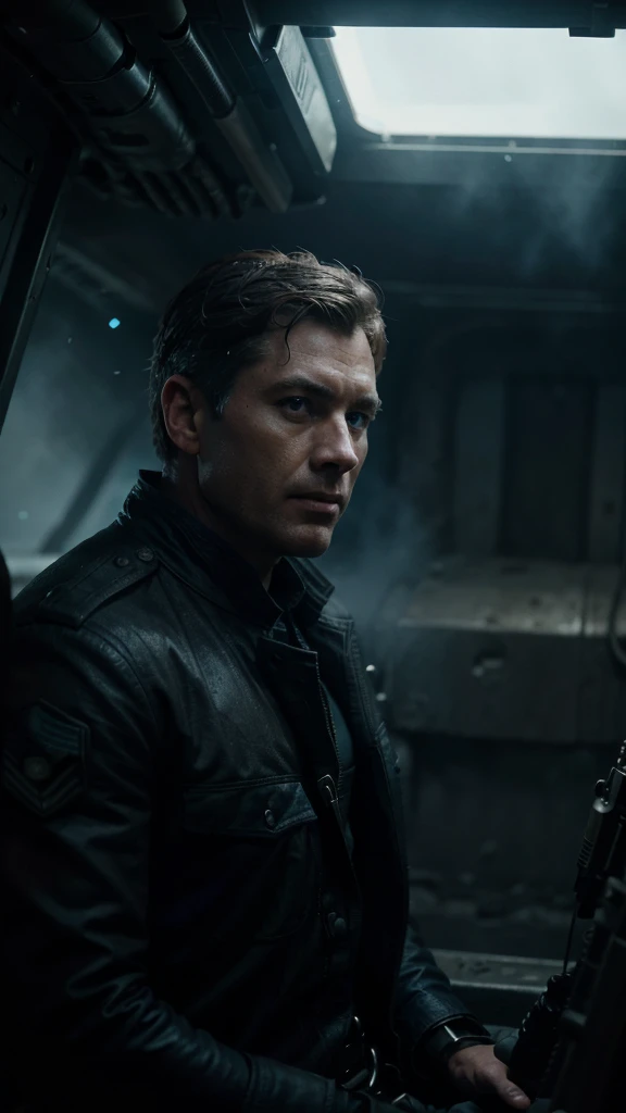 Captain Clarke's with his unit of 20men at the fierce war front, 4k realistic imagery, blue scenery like a movie scene, old american setting, inspired by blade runner movie scene, blue tone,