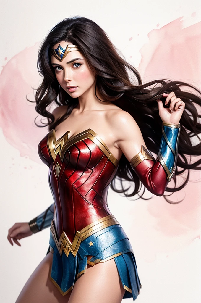 Tiny brunette Wonder Woman with watercolor effect behind white background