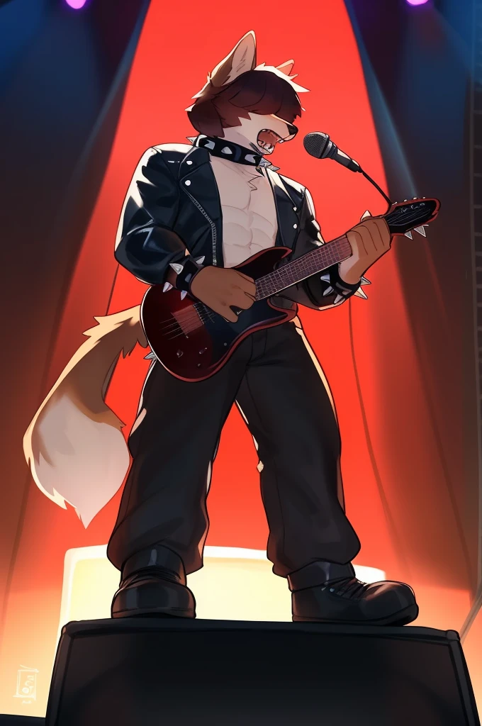 By bebebebebe, by lostgoose, by goonie-san, male, ((canine, snout, hair covering eyes, straight hair, medium hair, flat hair, ears, thin snout)), brown fur, big poofy tail, raised tail, dark maroon hair, ((muscular)), solo, angry, screaming, shouting, (((yelling into microphone))), (studded leather jacket, spiked collar, spiked wristbands), standing, playing guitar, standing on stage, metal concert, red lighting, dramatic lighting, thick, fangs, tall ,exposed chest