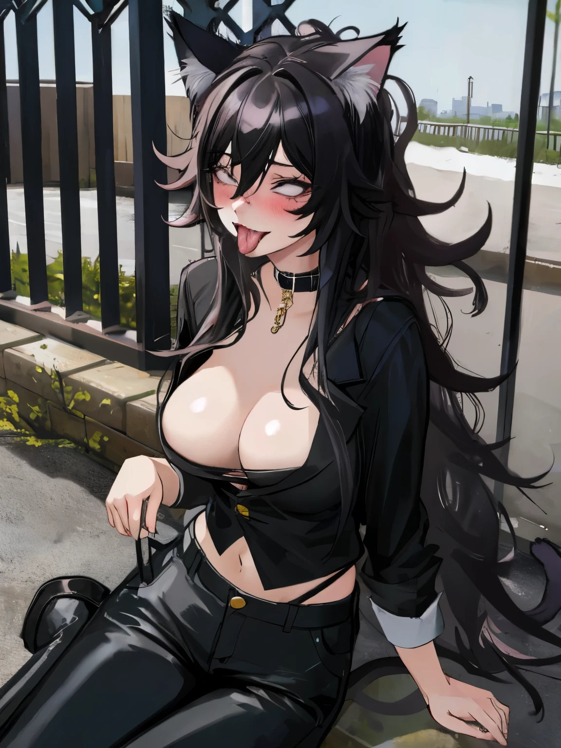masterpiece, best quality,realistic,absurdres,1girl, goth, black pants, outdoors, long hair, messy hair, ???????, blush, tongue, ahg, ??????, skinny, cat ears, cat collar, ???????