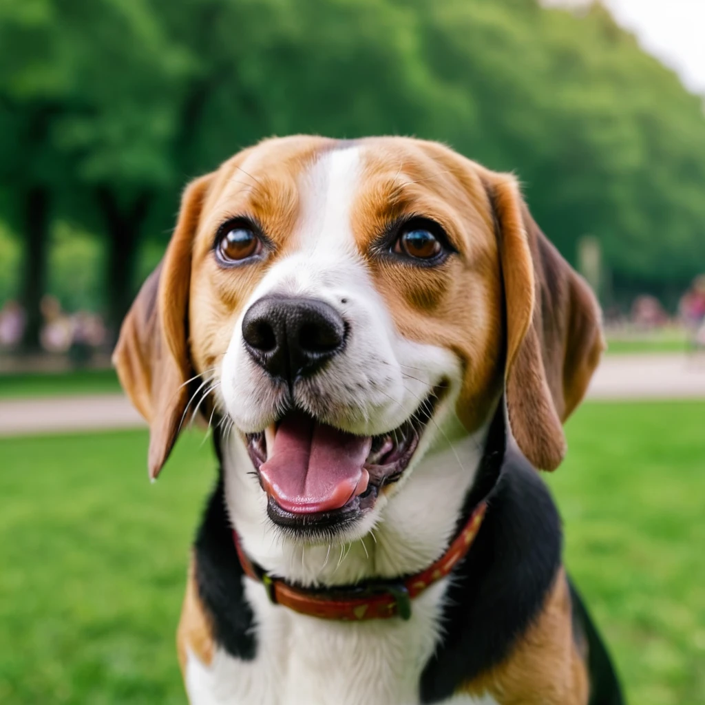 masterpiece, ultra realistic, UHD, 4k, a picture of a happy beagle dog face, in a park. sharp focus, blurred background