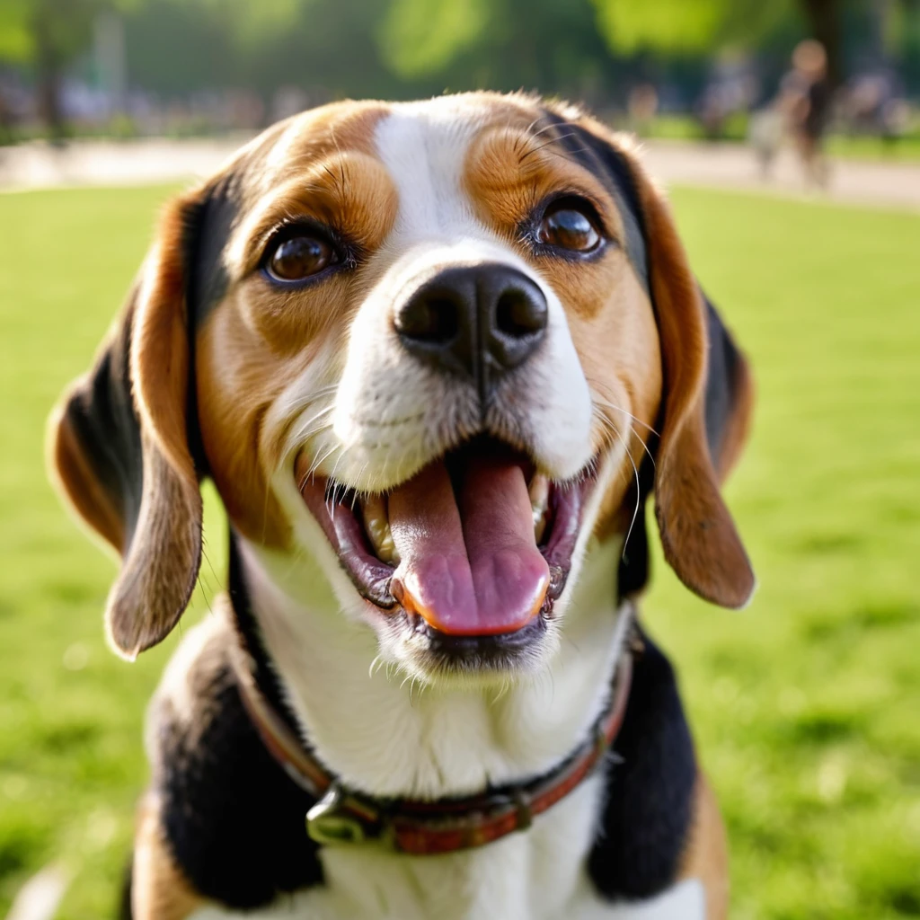 masterpiece, ultra realistic, UHD, 4k, a picture of a happy beagle dog face, in a park. sharp focus, blurred background