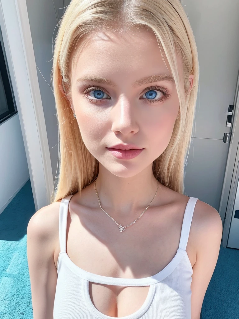 realistic white female instagram influencer, best quality, blonde, 1 girl, blue eyes, in white tight short dress