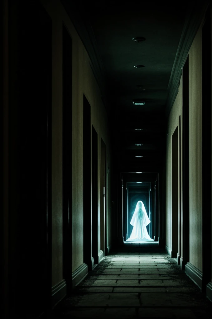 Prompt of dark hallway with a ghost dominating in the background