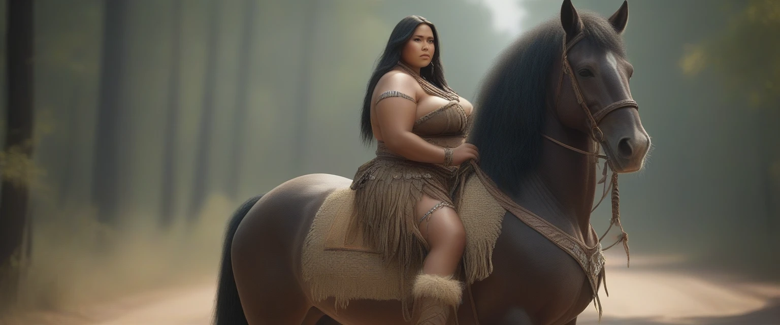 ((masterpiece)), ((best quality)), ((highres)), ((extremely detailed)), ((long shot, back view)), 1 black skinned large BBW girl as Pocahontas costume, full body, Beautiful Native American woman, mature woman, Big breast, (super realistic), (peerless beauty), detailed skin texture, detailed cloth texture, beautiful detailed face, intricate details, ultra detailed, indigenes feather jewelry, feather headdress, traditional handmade dress, (((riding on a huge fat Clydesdale horse))), (((road in the middle of the sparse wood))), ultra realistic, concept art, elegant, ((intricate)), ((highly detailed)), depth of field, ((professionally color graded)), soft ambient lighting, bright midday sun, (Best quality, A high resolution, Photorealistic, primitive, 8K,Masterpiece, ),Best quality, Masterpiec8K.hdr, (vivd colour:1.10). horse and rider in full side view