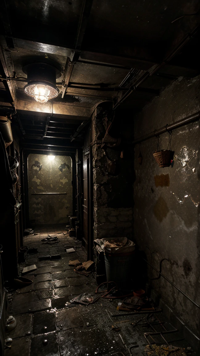Dark and damp basement, cement walls with cracks and moisture stains, rusty metal shelves full of dusty objects and cobwebs, a lonely flickering light bulb hanging from the ceiling, floors covered with puddles of dirty water, a noisy old boiler in a corner