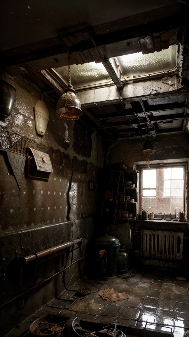 Dark and damp basement, cement walls with cracks and moisture stains, rusty metal shelves full of dusty objects and cobwebs, a lonely flickering light bulb hanging from the ceiling, floors covered with puddles of dirty water, a noisy old boiler in a corner