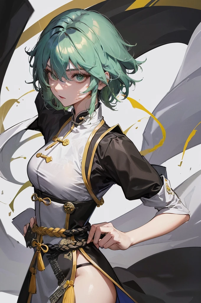 Masterpiece, Best quality, an Adult female, strong, green eyes, short hair, smoky color hair, resolute eyes, simple white Taoist Taoist uniform, black accessories, sarashi, one shoulderancient, Chinese mix morden, blank background, remove background