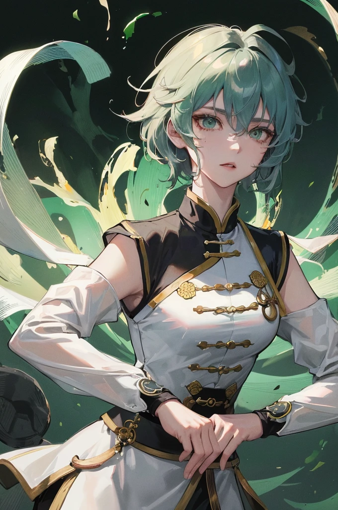 Masterpiece, Best quality, an Adult female, strong, green eyes, short hair, smoky color hair, resolute eyes, simple white Taoist Taoist uniform, black accessories, sarashi, one shoulderancient, Chinese mix morden, blank background, remove background