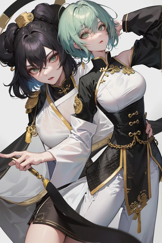 Masterpiece, Best quality, an Adult female, strong, green eyes, short hair, smoky color hair, resolute eyes, simple white Taoist Taoist uniform, black accessories, sarashi, one shoulderancient, Chinese mix morden, blank background, remove background