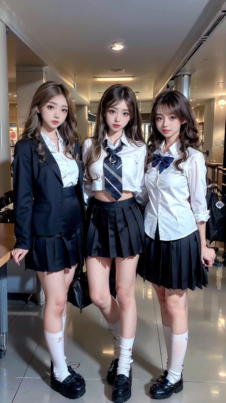 (scene; (Two women:1.8)), A gal of about the same height, (Two high school girls), (Shopping mall, Shopping Street, street, Outdoor), Full body portrait, Photograph the whole body, Are standing, (Tall, Thin thighs, Elongated arms and legs, Small waist, Small hips), ((Highly detailed skin), Beautiful realistic face, White skin, Pointed Chest, Perfect Anatomy, Realistic eyes, Natural Eyes, Brown eyes, Accurate eye focus, Accurate limbs), (Hyper Realist, Ultra-realistic, 4K, Attention to detail, Ultra-high resolution, Highest quality, masterpiece, Presence, dynamic, Uplifting, bold, Sharpness), (Big Breasts:1.5), (Cleavage:1.5), (Blonde long hair:1.5, loose wavy long hair:1.5, Loose curly hair:1.5), (sleek bangs), (Twin tail hair), ((White collared shirt, Navy pleated mini skirt, Navy colored socks, Black loafers, Ribbon tie)), High school girl in uniform, Surreal high school girl, tall, High school girls in uniform, smile, Cleavageを強調, (Are standingTwo high school girls:1.8),