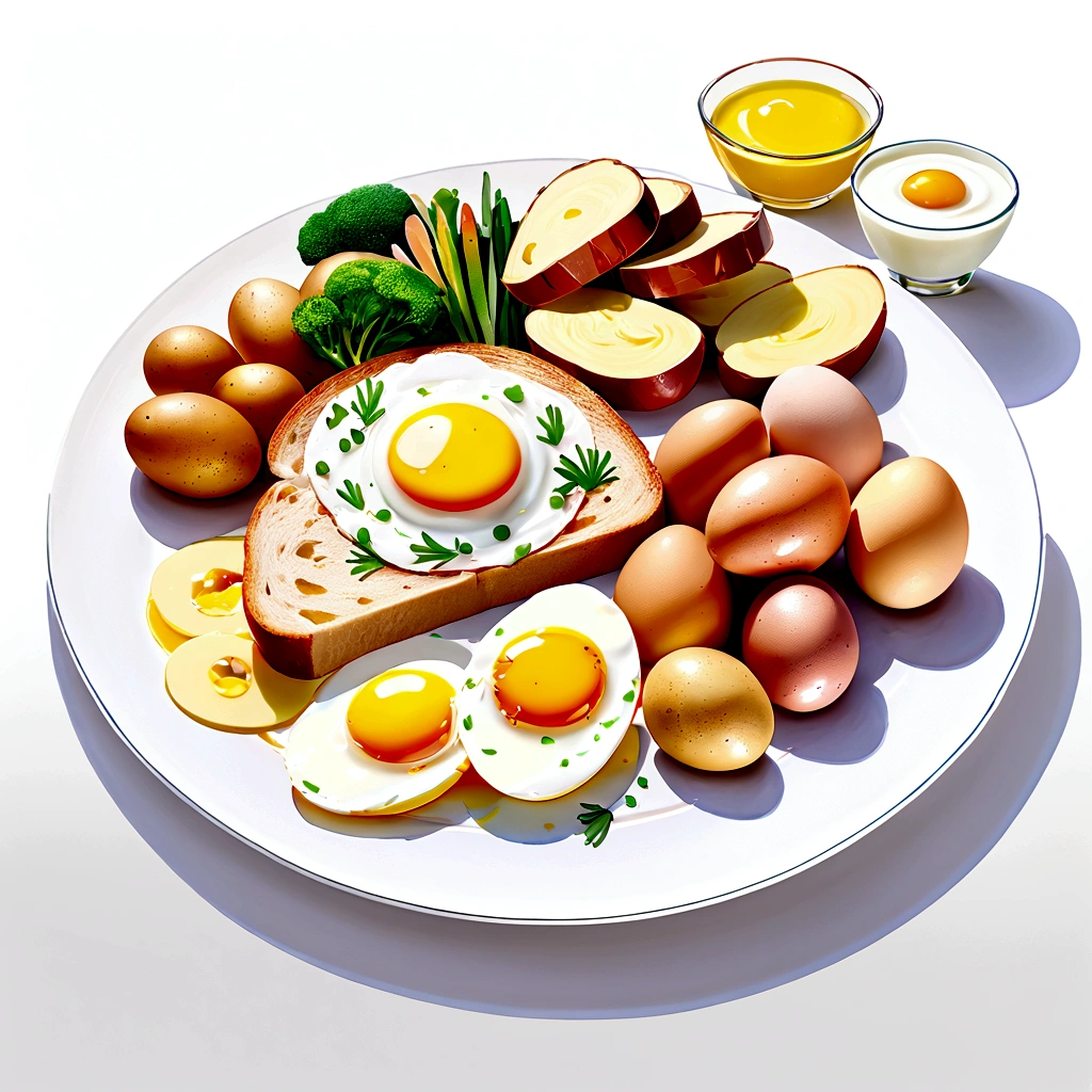 ((best quality)), ((masterpiece)), (detailed), water color style, create a picture of healthy food on a plate. The food consist of, Eggs, bread, potatoes, glass of milk, meat, chicken meat, some vegetables, against brilliant white background, 8k, high resolution, vibrant color