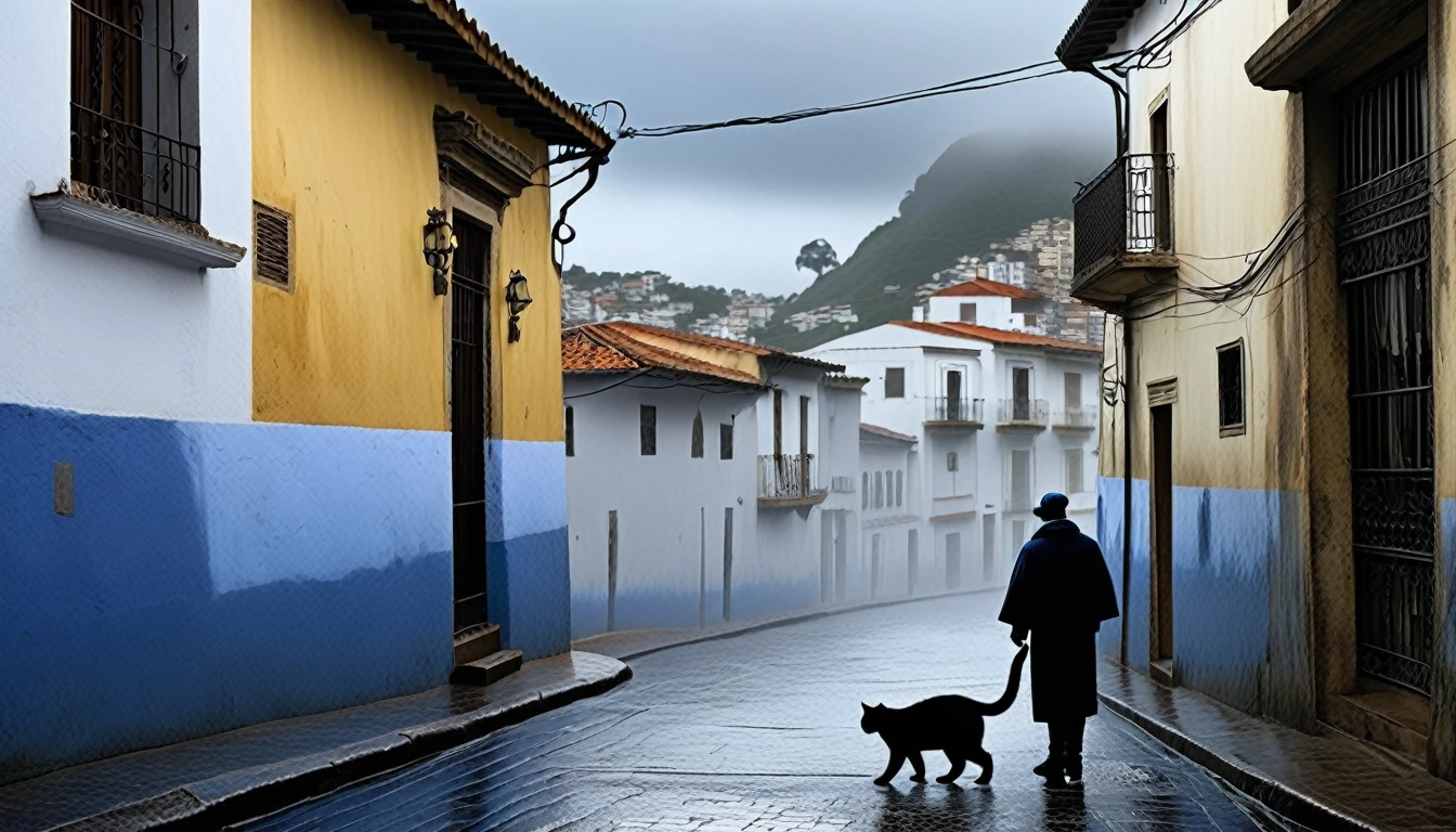 Create an afternoon scene on a dark street inspired by the streets of Rio de Janeiro. the street tiles are wet and fog hangs in the air. The street is deserted, only one man stands out in the landscape. A man wears blue warm clothes and black hair. A walking white cat on the wall of one of the houses. A wall with the image of a beautiful woman (the scene needs to have a noir atmosphere) by Leonardo Da Vinci