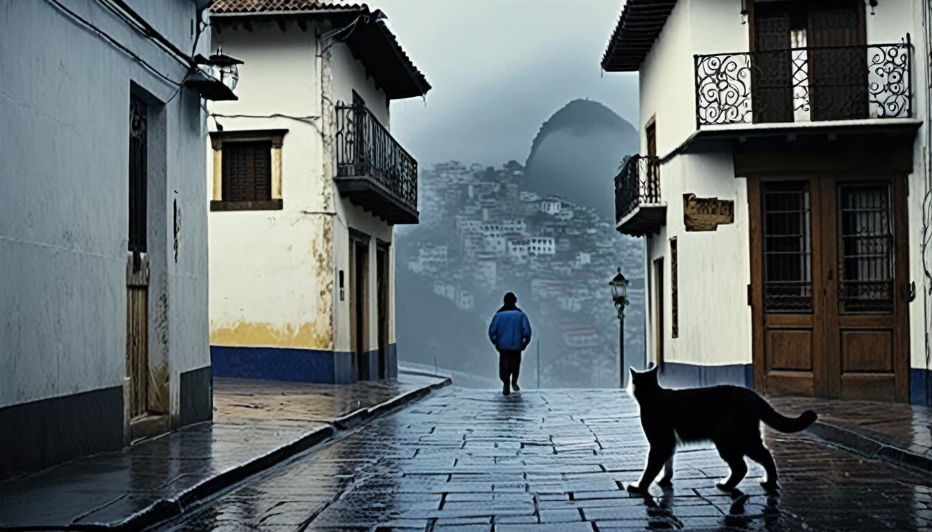 Create an afternoon scene on a dark street inspired by the streets of Rio de Janeiro. the street tiles are wet and fog hangs in the air. The street is deserted, only one man stands out in the landscape. A man wears blue warm clothes and black hair. A walking white cat on the wall of one of the houses. A wall with the image of a beautiful woman (the scene needs to have a noir atmosphere) by Leonardo Da Vinci