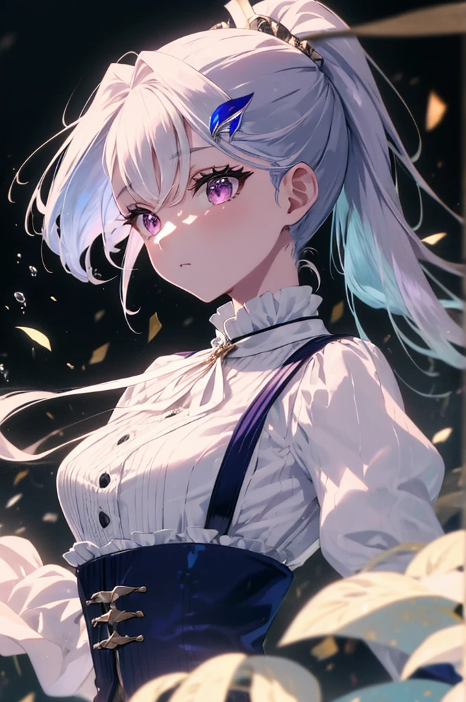 Rizeheruesta(Nijisanji),ponytail,Gray Hair,Light blue hair on the inside,hair ornaments,Purple eyes,Maid clothes,beautiful,masterpiece,high resolution,Medium chest